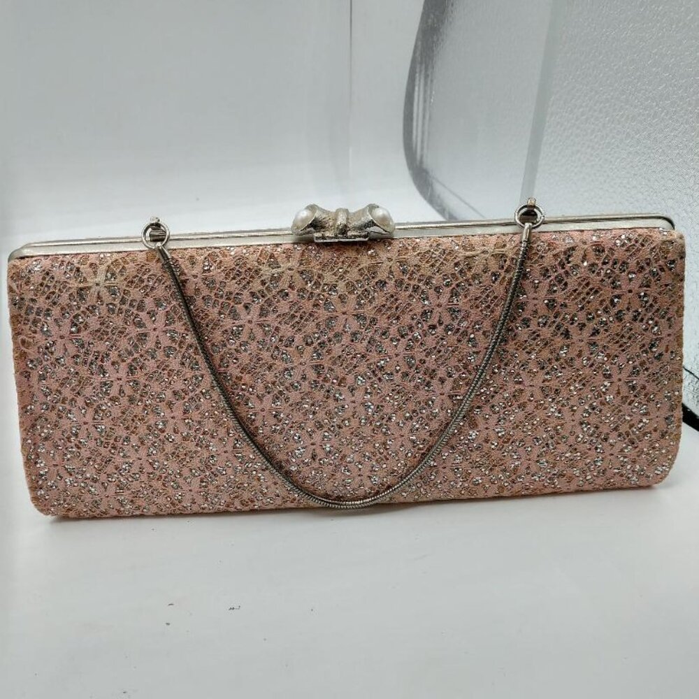Vintage 50's or 60's Pink Clutch with silver Glitter and Snake Chain
